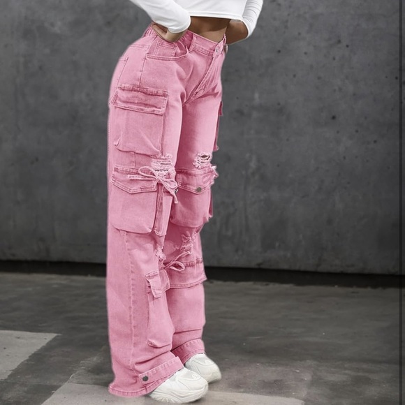 NEW Pink Distressed Denim Cargo Jeans - Picture 3 of 6